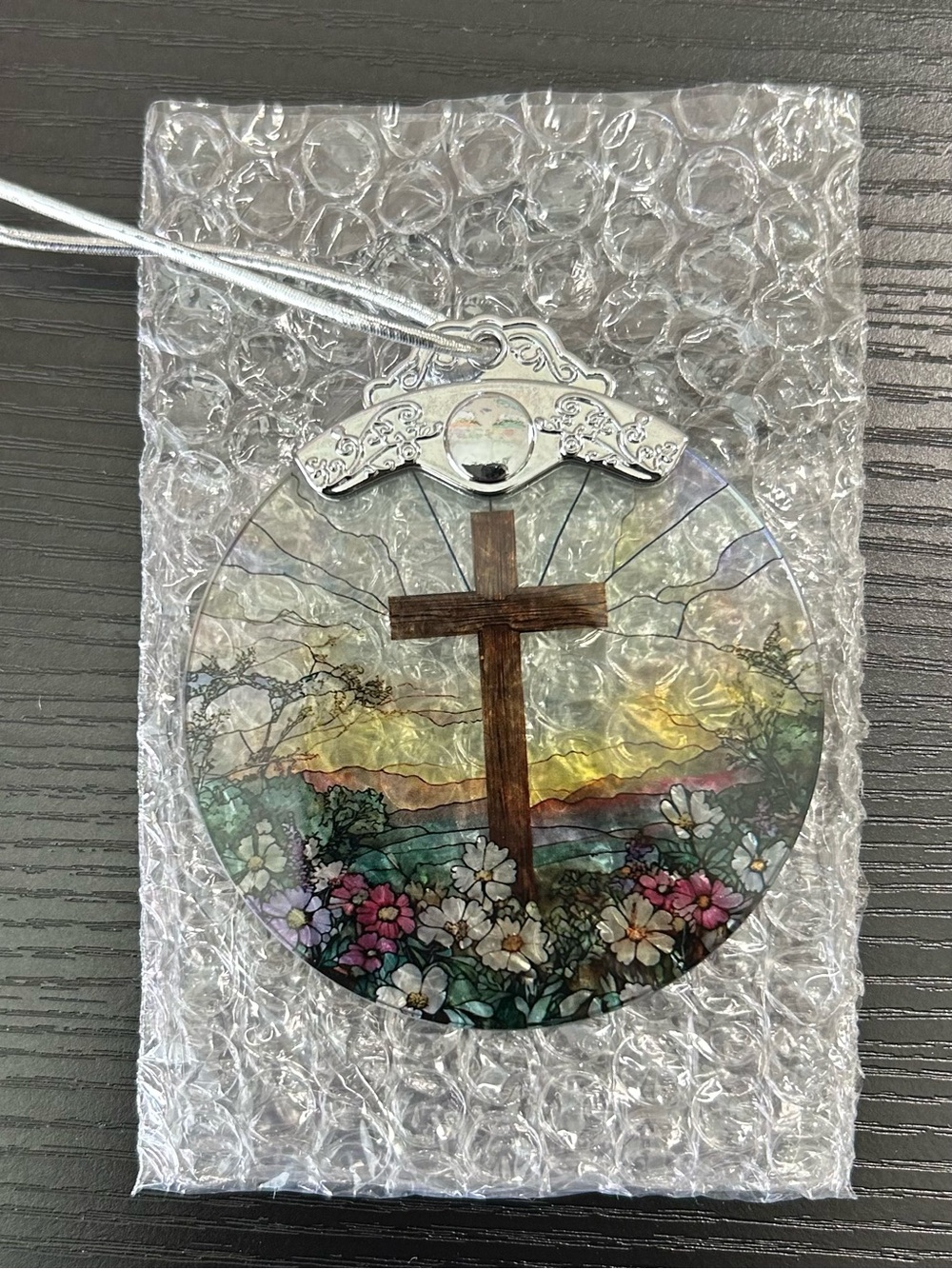 Floral Sunrise Cross Stained Glass Ornament - Clear & Multicolor